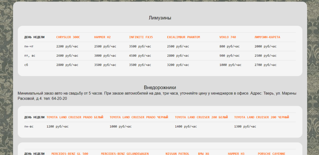 Прайс лист стоимости прокат автомобилей